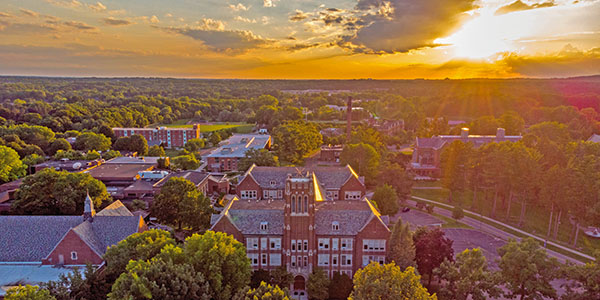 aerial view of campus at sunrise
